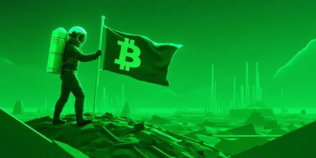 An astronaut planting a glowing green Bitcoin flag on a small digital planet, surrounded by orbiting beginner tools like a crypto wallet, rocket booster labeled ‘Step 1’, and a path of floating token icons, flat cosmic vector art, clean space-tech aesthetic