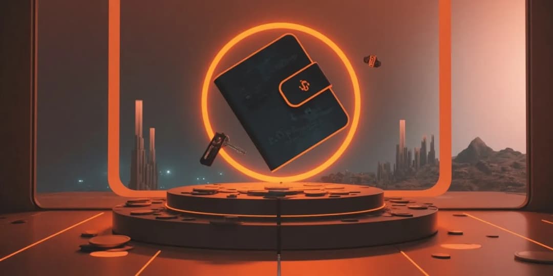 A futuristic floating crypto wallet surrounded by keys and tokens in an orange-lit chamber, representing the setup and use of digital wallets for cryptocurrency