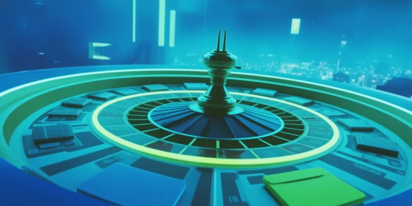 A digital roulette table with spinning coins instead of numbers   Bitcoin vs Altcoins   each side glowing in opposing neon shades, floating over a cyber-casino grid, synthwave arcade style with blue-purple tones