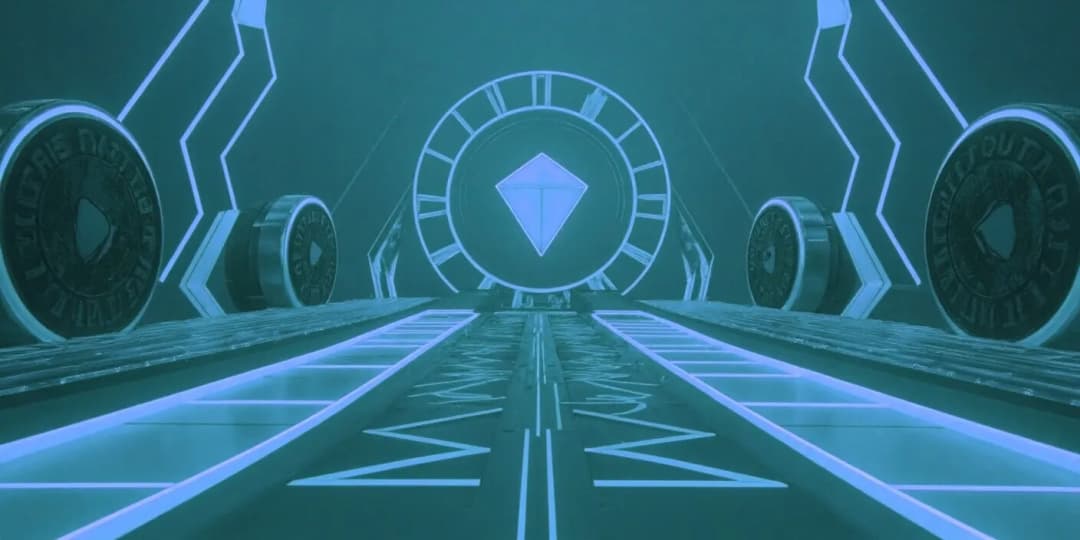 A glowing digital drawbridge made of Tether USDT coins opening to reveal a row of futuristic floating casinos, each lit in cool neon blue and purple, crypto chips scattered along a holographic path, sleek digital vector style