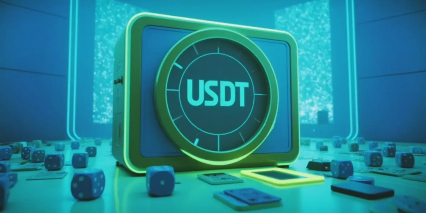 A sleek digital vault glowing with USDT logos, surrounded by casino chips, dice, and playing cards, floating in a tech-luxury crypto chamber, synthwave palette with glowing green and blue neon, in a dark, futuristic casino at night