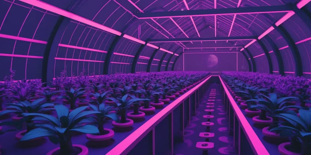 A futuristic greenhouse with automated hydroponic systems and glowing pink lights, symbolizing strategic DeFi yield farming and automated crypto income generation