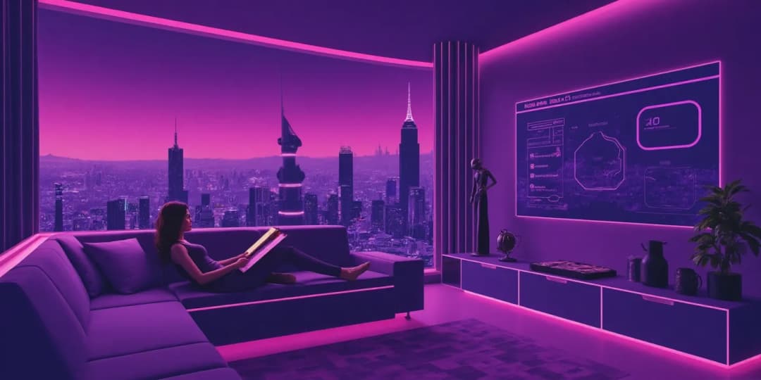 A woman reading on a smart tablet in a high-tech apartment overlooking a digital city skyline, representing passive income opportunities through DeFi investments