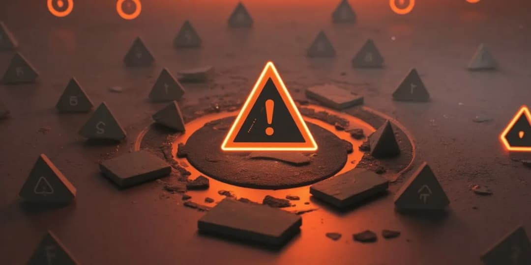 A warning triangle icon surrounded by broken symbols on a cracked surface, representing the danger of common crypto scams and the need for protective measures