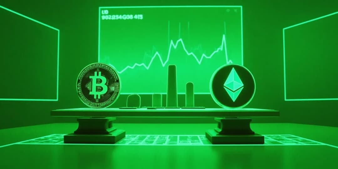 A futuristic balance scale with a golden Bitcoin and a violet Ethereum floating on each side, surrounded by glowing stats and charts, set inside a sci-fi financial chamber with green-tinted light