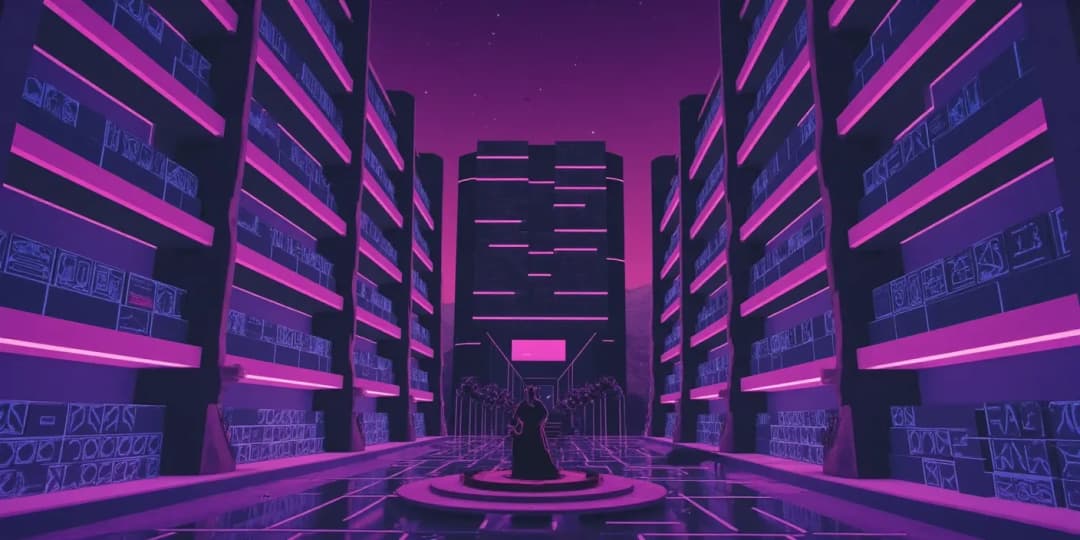 A futuristic archive hall with glowing data shelves and a lone figure in the center, symbolizing a deep dive into the infrastructure and workings of decentralized finance (DeFi)
