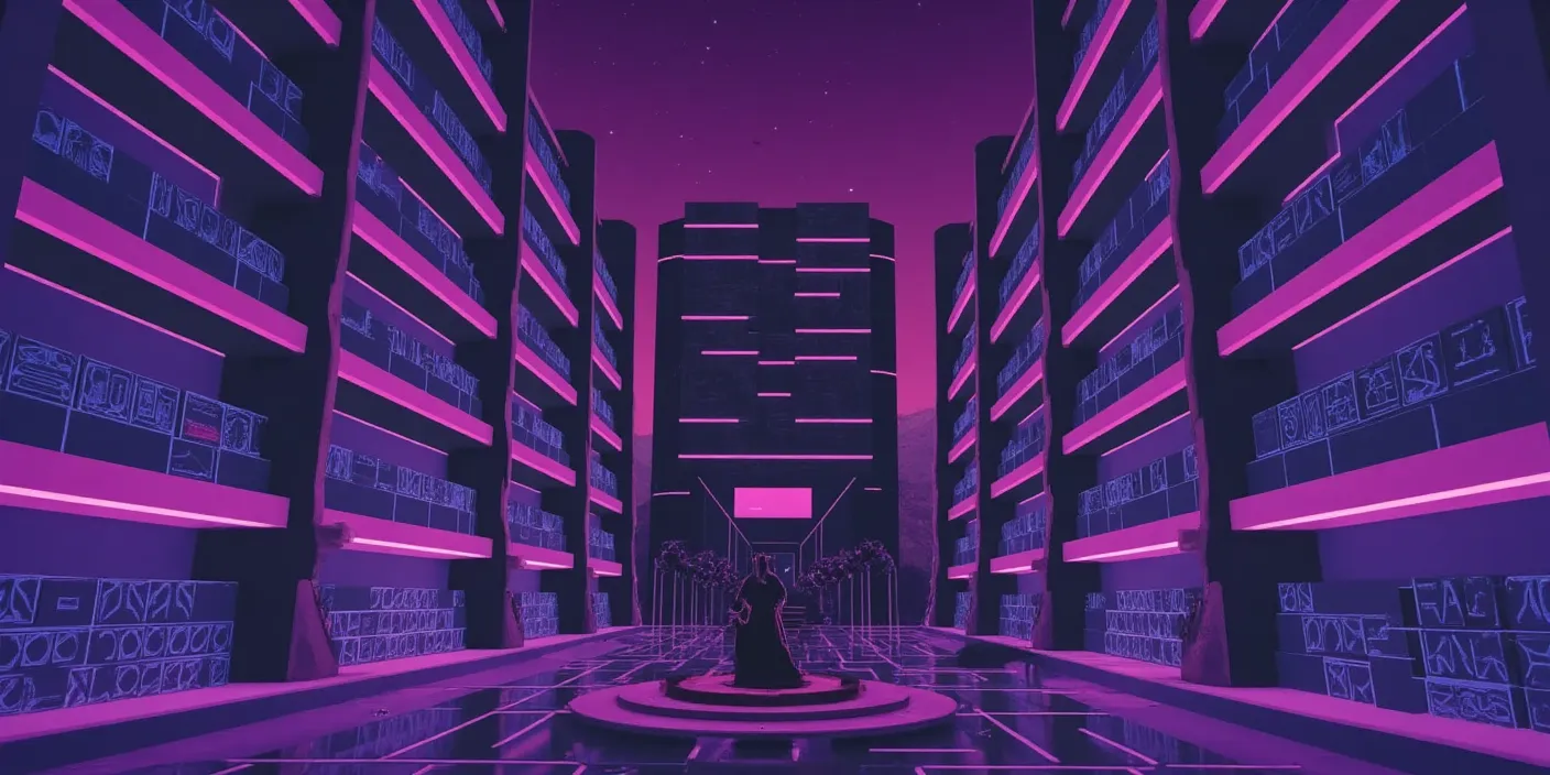 A futuristic archive hall with glowing data shelves and a lone figure in the center, symbolizing a deep dive into the infrastructure and workings of decentralized finance (DeFi)