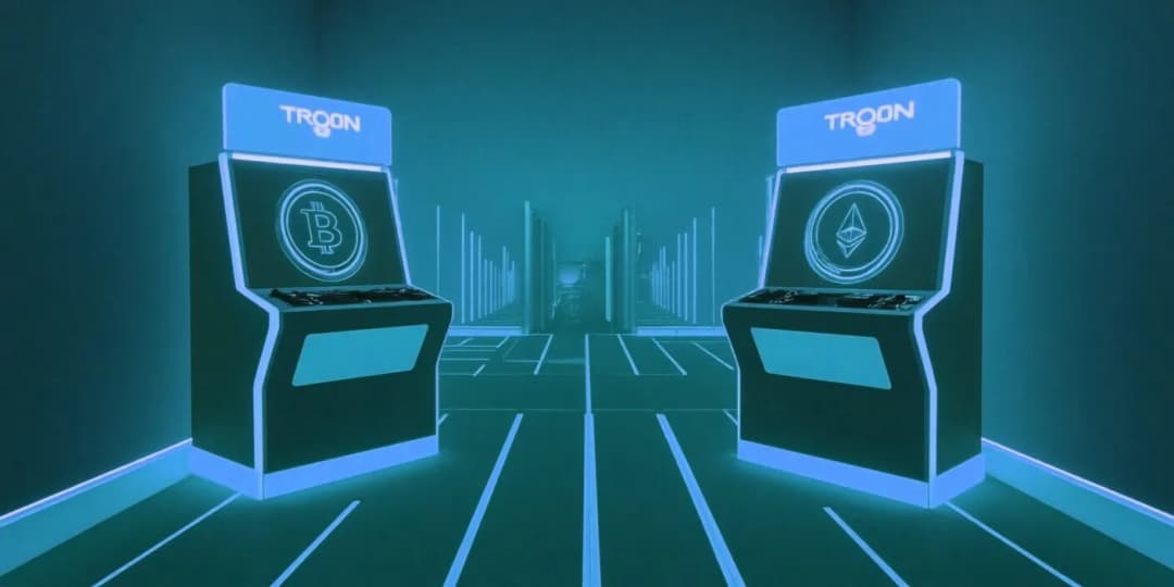 Two glowing slot machines — one themed in Bitcoin gold, the other Ethereum violet — standing in a decision hall with forks in the path, glowing arcade signage style