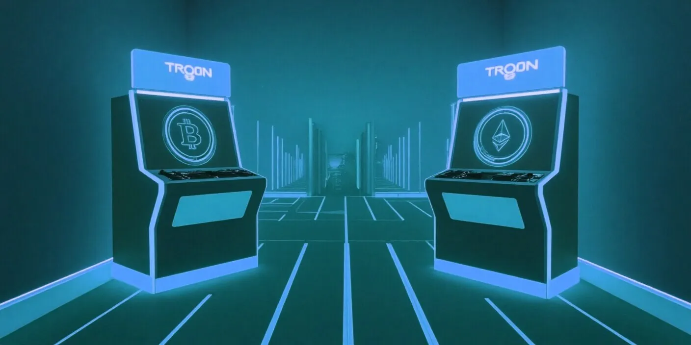Two glowing slot machines — one themed in Bitcoin gold, the other Ethereum violet — standing in a decision hall with forks in the path, glowing arcade signage style