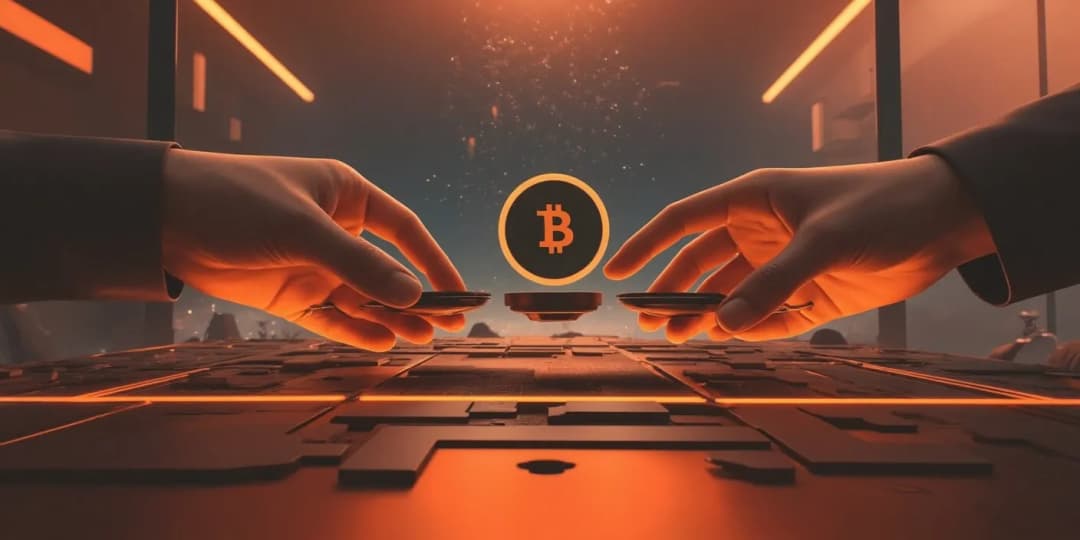 Two hands performing a digital crypto exchange transaction under a glowing Bitcoin icon, symbolizing how cryptocurrency exchanges facilitate peer-to-peer trading