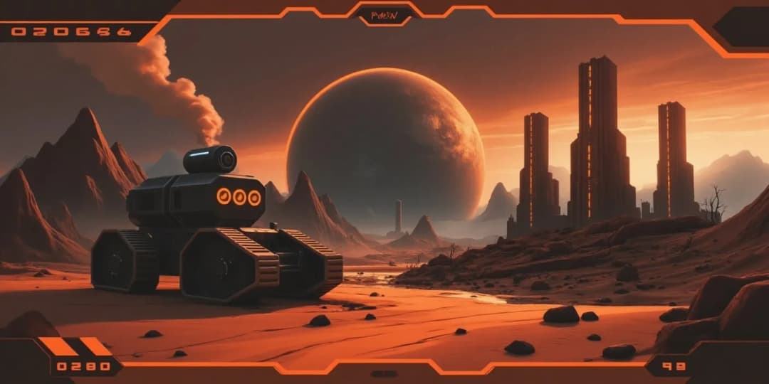 A robotic rover overlooking a futuristic planet landscape and mining towers, symbolizing the technological differences between Proof of Work (PoW) and Proof of Stake (PoS) in crypto mining