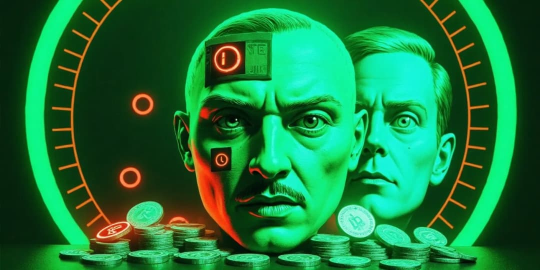 Two futuristic male faces emerging from a green-lit background with emotion icons and Bitcoin coins, representing investor psychology and emotional cycles in crypto markets