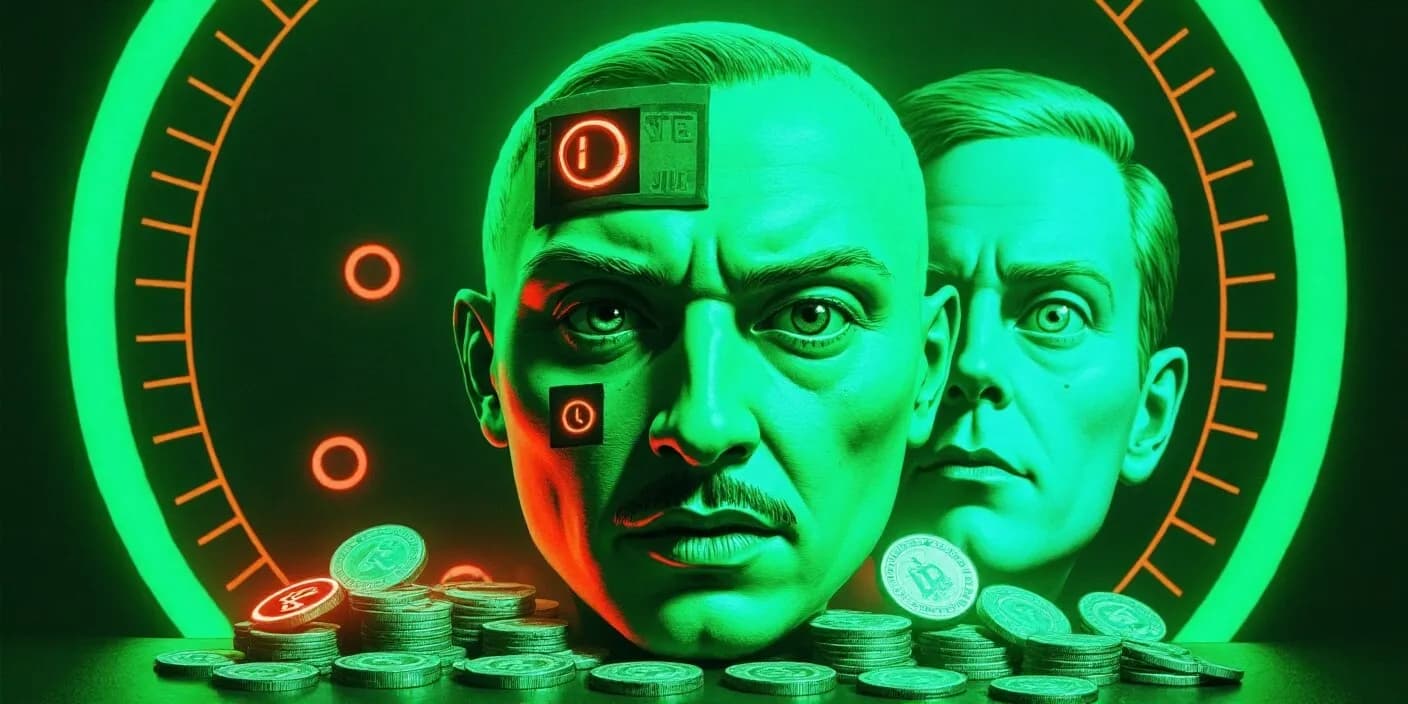 Two futuristic male faces emerging from a green-lit background with emotion icons and Bitcoin coins, representing investor psychology and emotional cycles in crypto markets