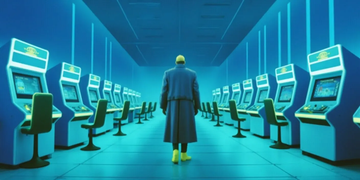 A wise digital guardian stands between chaos and control: one side features a retro arcade with wild slot machines; the other, a modern user interface with a timer and budget bar. The guardian is a pixelated character from an old video game, brought to life in educational tech-style art with neon accents.