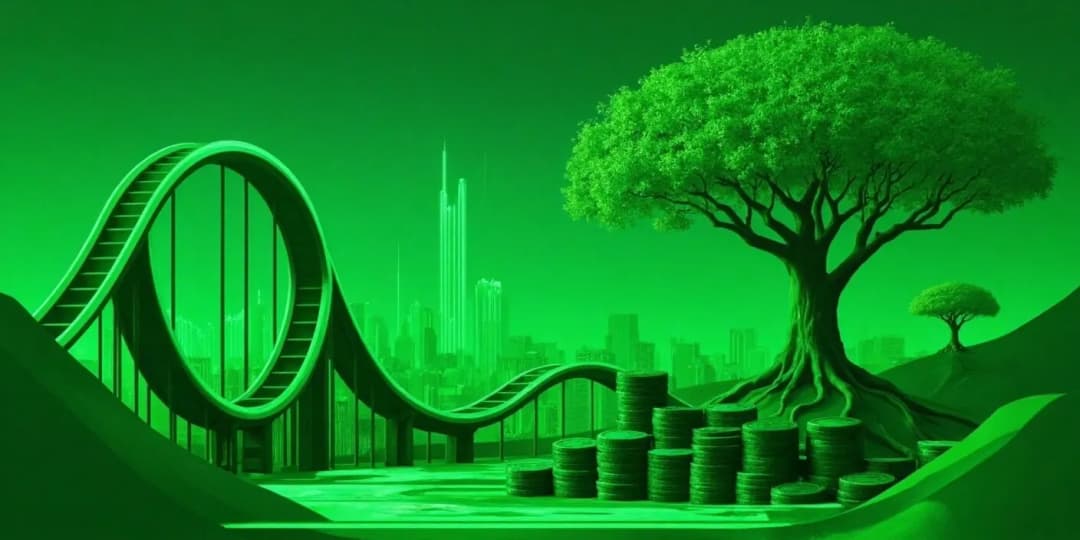 A symbolic landscape with a roller coaster and a growing tree over stacked coins, representing the volatile nature of trading versus the growth potential of long-term crypto investing