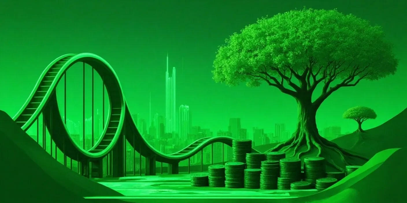 A symbolic landscape with a roller coaster and a growing tree over stacked coins, representing the volatile nature of trading versus the growth potential of long-term crypto investing