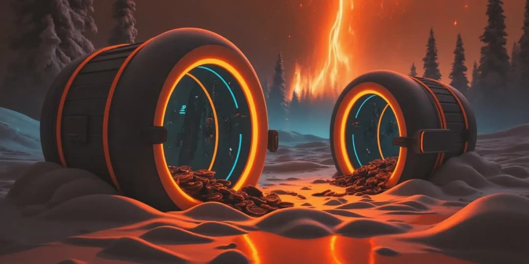 Two futuristic barrels labeled as crypto vaults lying open in a snowy forest, with coins spilling out, symbolizing the contrast between hot and cold wallet storage for cryptocurrencies