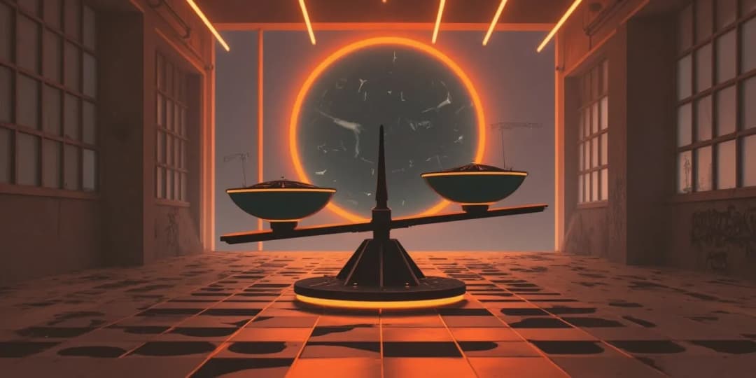 A digital seesaw in front of a glowing sphere, visually representing the balance between pros and cons of using cryptocurrencies