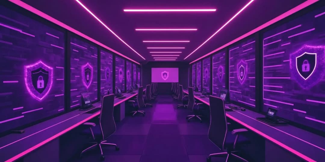 A futuristic cybersecurity control room glowing in purple with shield and lock symbols on digital walls, symbolizing decentralized insurance and blockchain-based protection