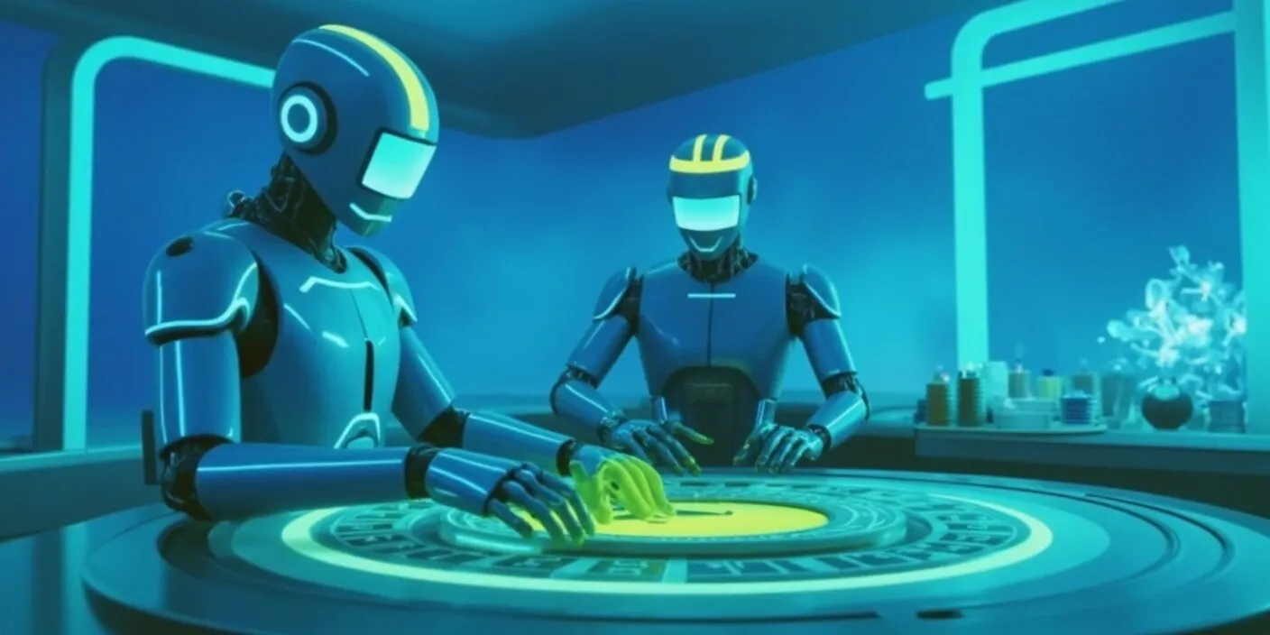 A sleek, chrome robot croupier dealing crypto chips at a holographic blackjack table in a futuristic neon blue casino grid, AI neural patterns glowing intensely in the background, bathed in a cyber-intelligence vibe, midnight setting.
