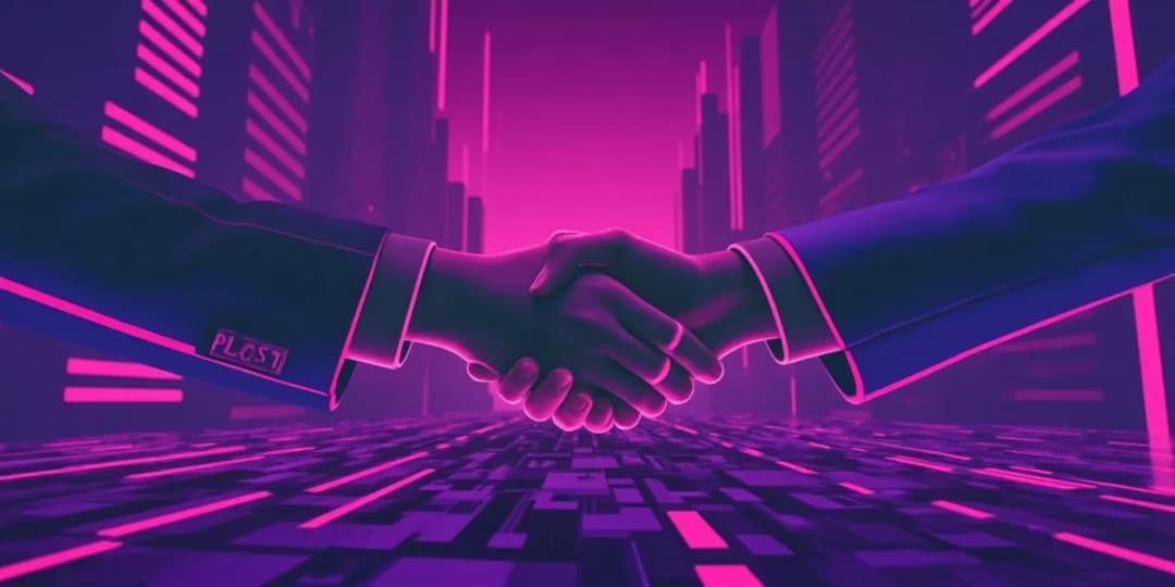 Two digital hands shaking in a glowing cyber city, symbolizing trust and automation established through smart contracts in decentralized finance ecosystems