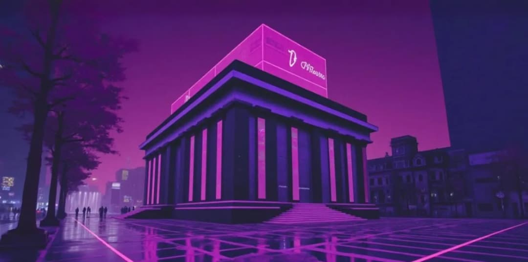 A modern neon-lit structure styled as a classical bank building in a digital cityscape, symbolizing the transformation of traditional banking through decentralized finance