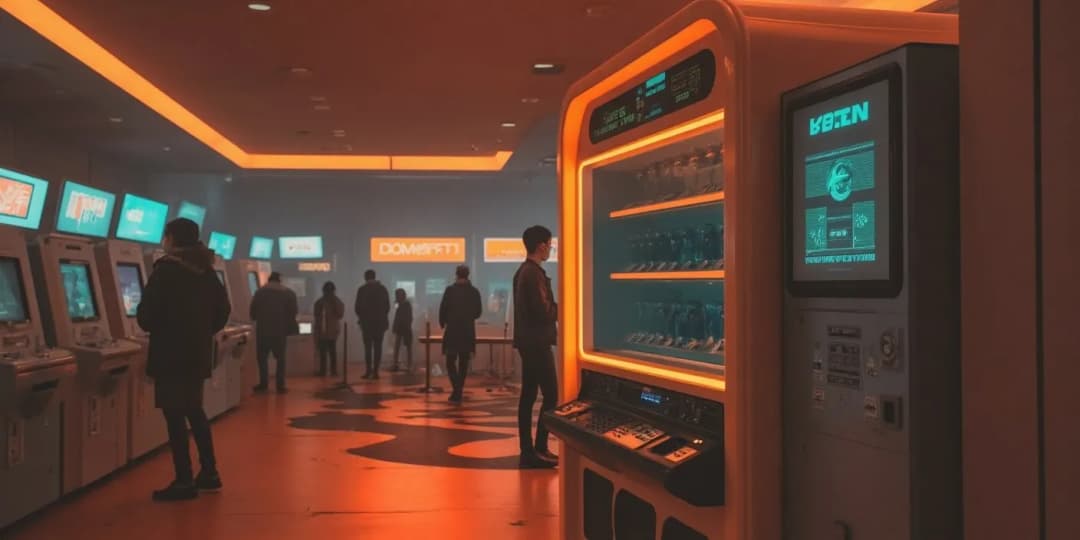 A futuristic shopping area filled with digital vending machines and crypto terminals, symbolizing the process of purchasing cryptocurrency in a modern environment