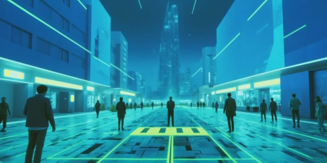A crystal-clear holographic casino floor rising above a gritty city street, with players visible through layers of light, every bet tracked in glowing blockchain nodes floating above