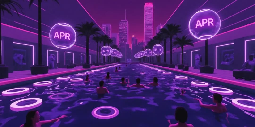People swimming in a futuristic rooftop pool with floating APR symbols, representing earning interest through DeFi liquidity pools in a vibrant digital economy