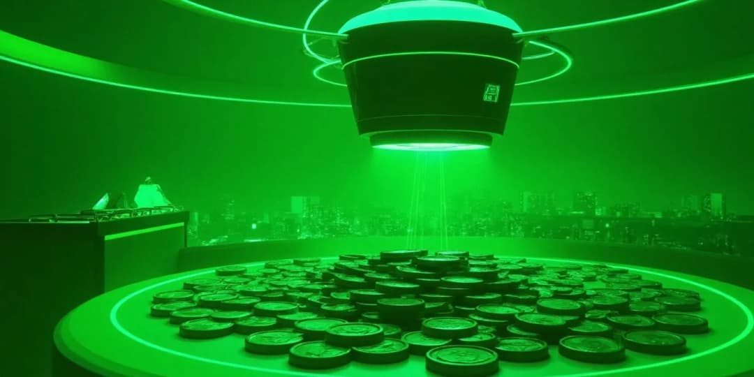A futuristic device illuminating and scanning stacks of crypto coins in a digital room with cityscape view, representing earning passive income through cryptocurrency