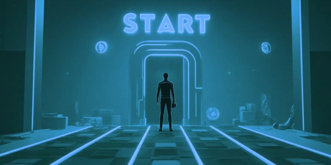 A neon-lit ‘Start Here’ arcade portal glowing at the entrance to a casino city, a pixelated character holding a wallet with floating Bitcoin and Ethereum coins around, stylized like an onboarding level in a retro-futuristic video game