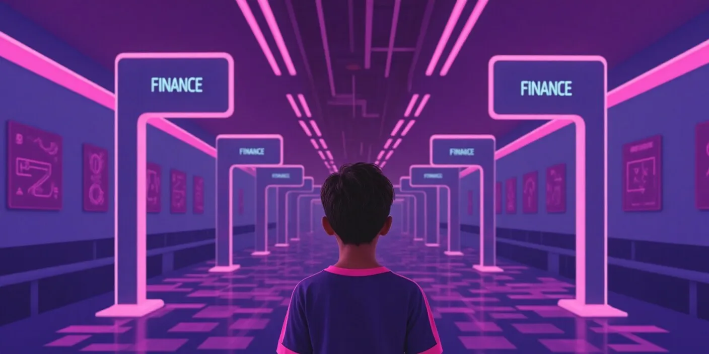 A young person navigating a neon-lit digital hallway filled with 'Finance' signs, symbolizing the journey of learning and beginning in the decentralized finance world