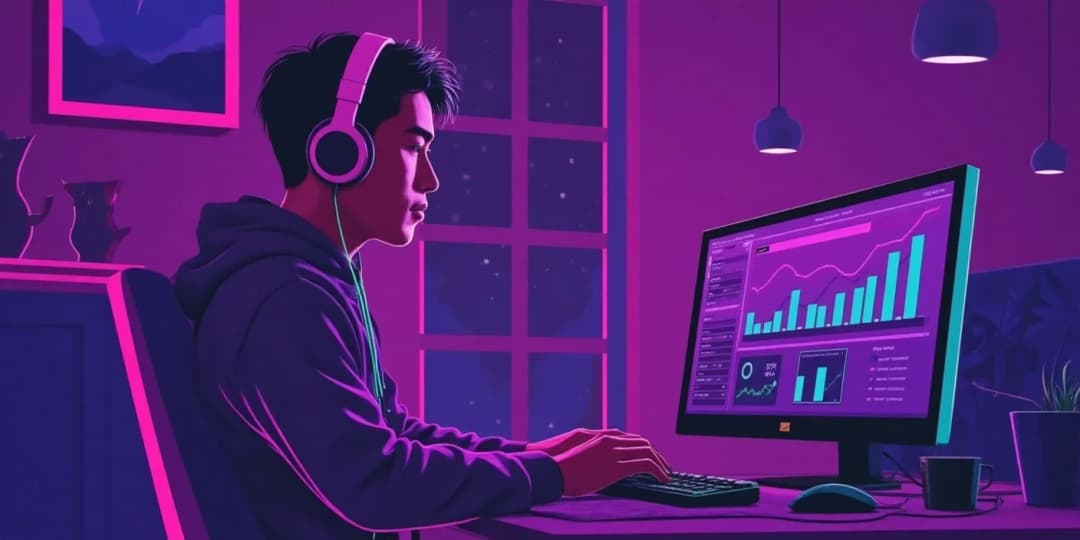 A focused person wearing headphones analyzing charts on a glowing screen at night, symbolizing data-driven strategies to optimize passive income through DeFi platforms