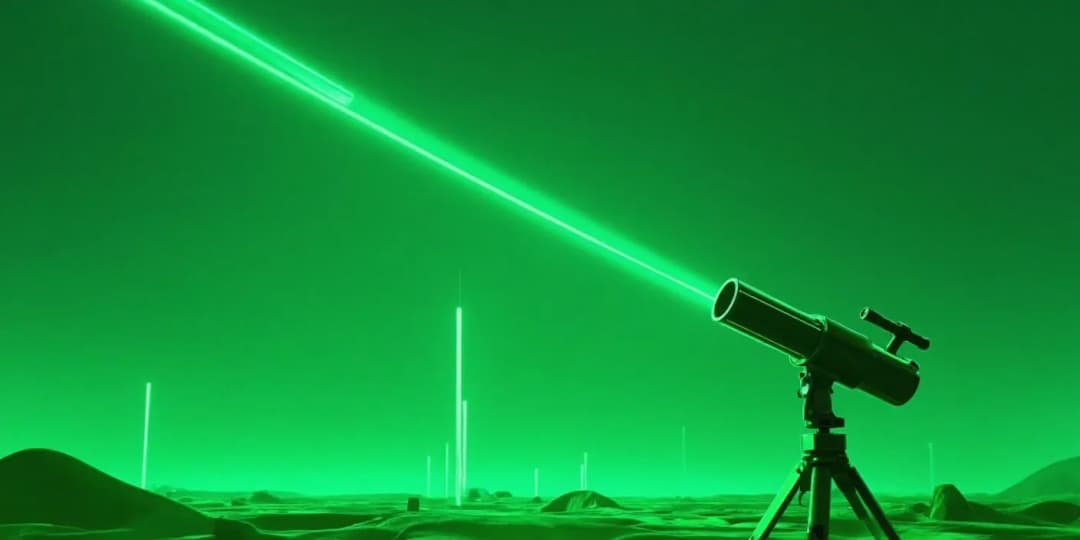 A futuristic telescope shooting a laser beam across a neon green landscape, symbolizing the search for emerging cryptocurrency trends and market insights