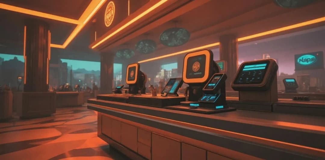 A futuristic checkout counter with glowing crypto point-of-sale terminals, representing how to use cryptocurrency for daily purchases and transactions