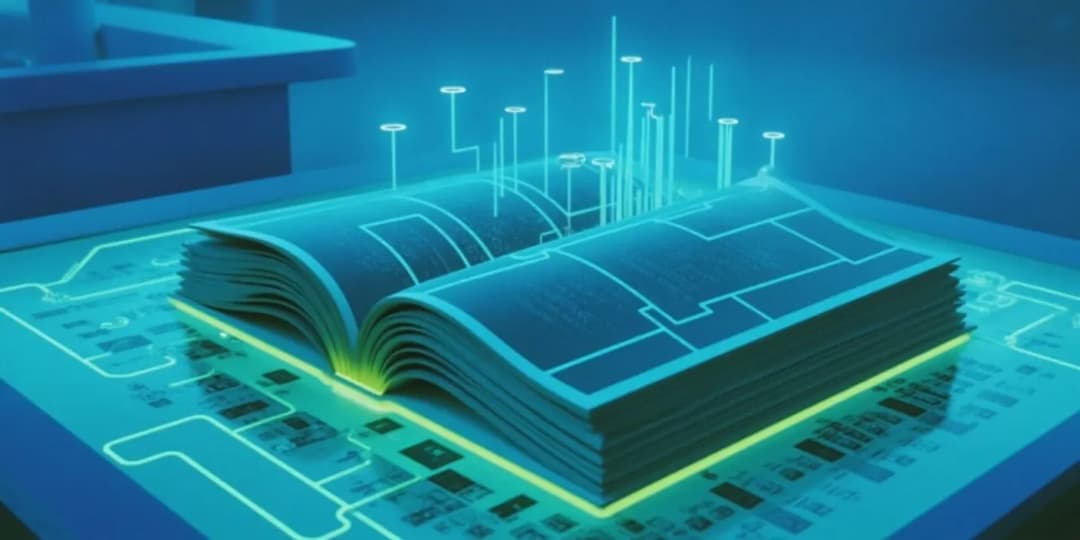 An ancient digital book with holographic pages opening on a casino table, each page projecting detailed neon blue infographics with crypto chips, blockchain paths, and payout charts, glowing blueprint fantasy style