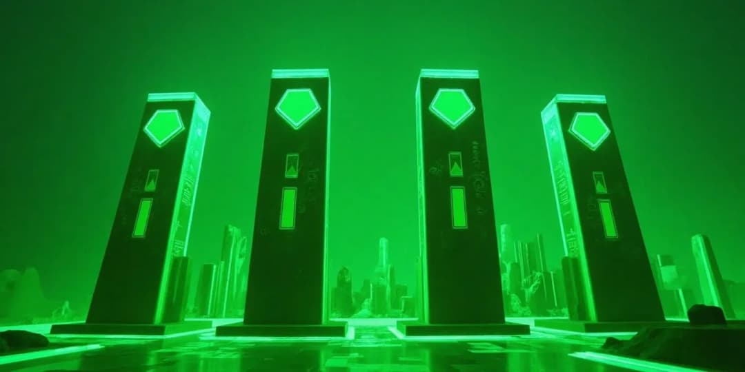 Four glowing pillars standing tall in a futuristic cityscape, each engraved with crypto symbols, representing foundational principles of cryptocurrency investing