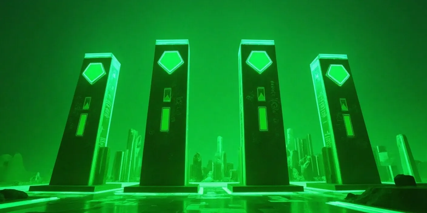 Four glowing pillars standing tall in a futuristic cityscape, each engraved with crypto symbols, representing foundational principles of cryptocurrency investing