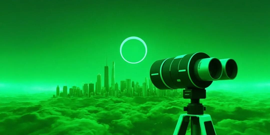 A futuristic binocular setup observing a glowing digital ring above a cyberpunk city skyline, symbolizing the search and analysis of emerging cryptocurrencies in 2025