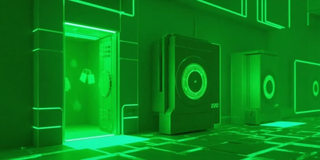 Futuristic high-tech vaults with glowing locks in a neon-lit corridor, symbolizing cybersecurity and practical safety measures for protecting cryptocurrency
