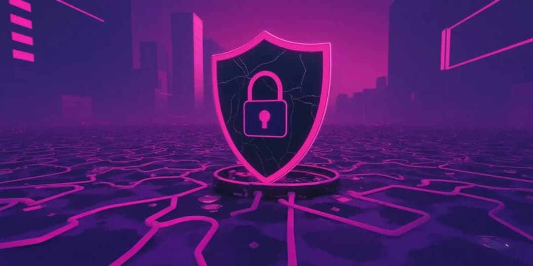 A cracked glowing security shield with a padlock icon on a digital network floor, representing the potential risks and need for protection in DeFi environments