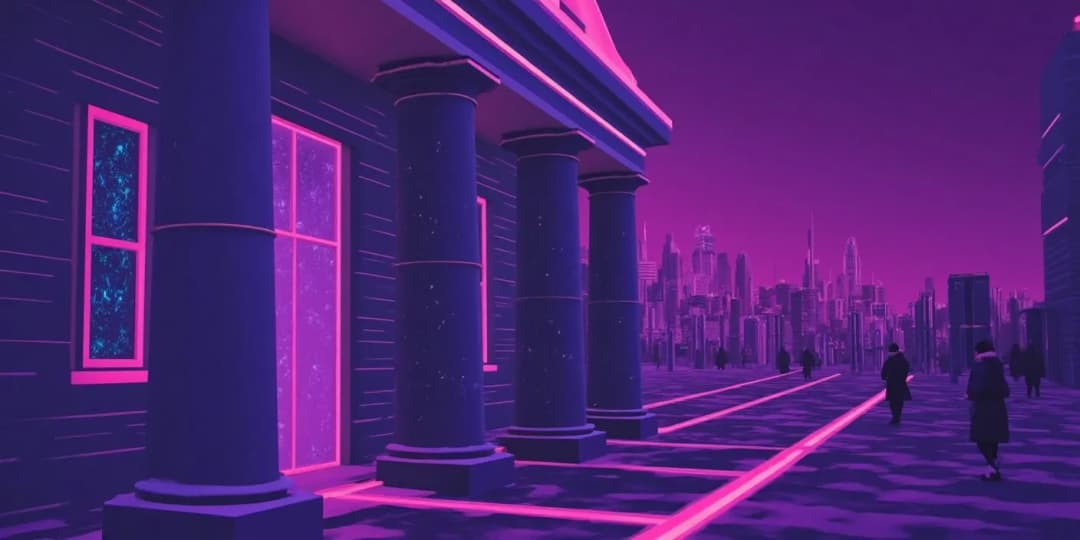 A neoclassical-style bank building in a digital city, blending traditional finance with futuristic architecture, symbolizing banks adapting to the decentralized finance era