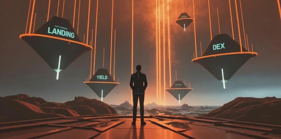 A person standing before floating DeFi modules like 'DEX', 'Yield', and 'Lending', illuminated by data streams, representing the foundational elements of decentralized finance for beginners