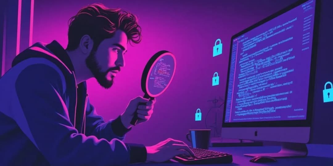 A focused developer analyzing smart contract code through a magnifying glass on a neon-lit screen, symbolizing the importance of auditing for DeFi security and vulnerabilities