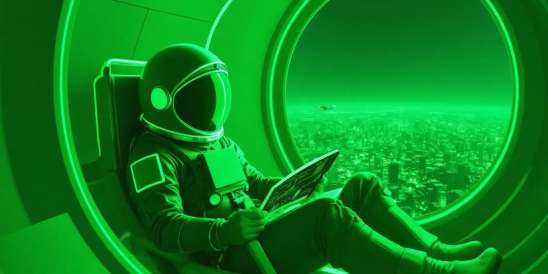 An astronaut calmly analyzing data inside a futuristic capsule overlooking a city, symbolizing how to stay focused and informed during a volatile crypto market crash