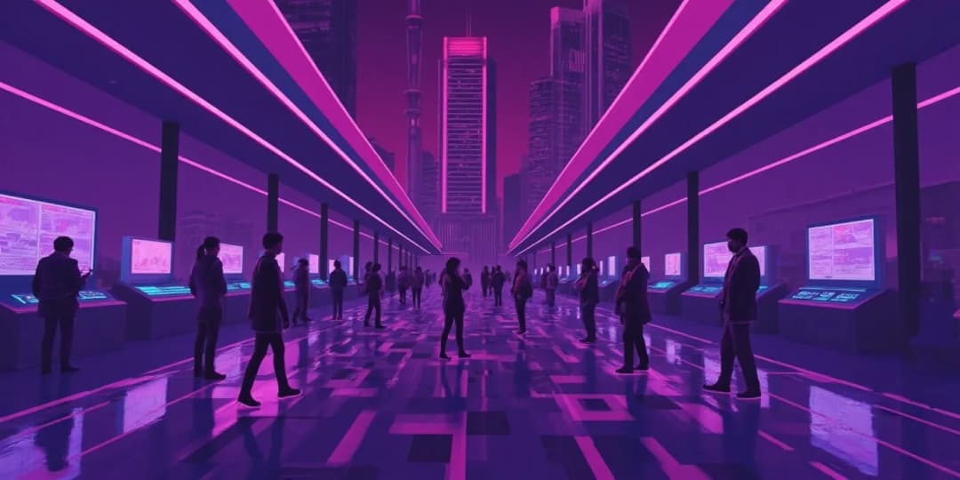 People interacting with digital trading terminals in a futuristic market hall, symbolizing the rise and activity on decentralized exchanges (DEXs)