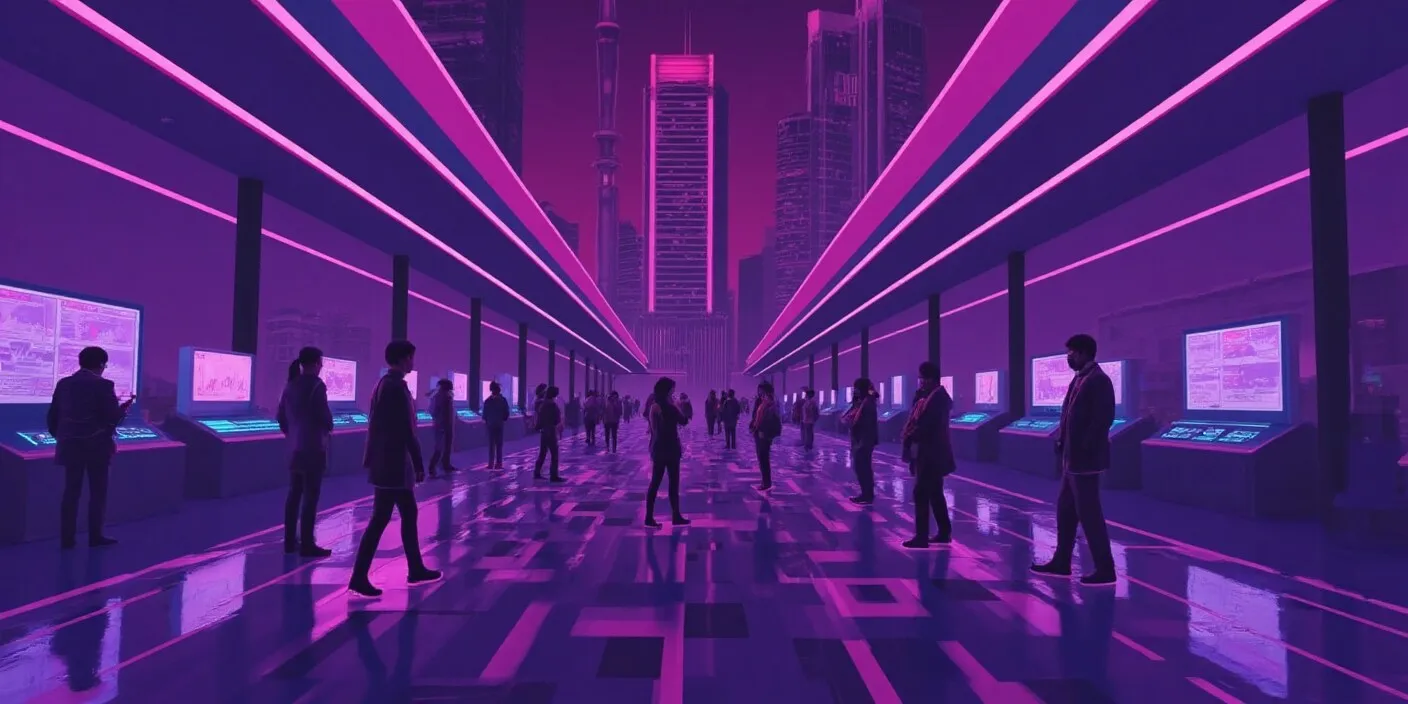 People interacting with digital trading terminals in a futuristic market hall, symbolizing the rise and activity on decentralized exchanges (DEXs)