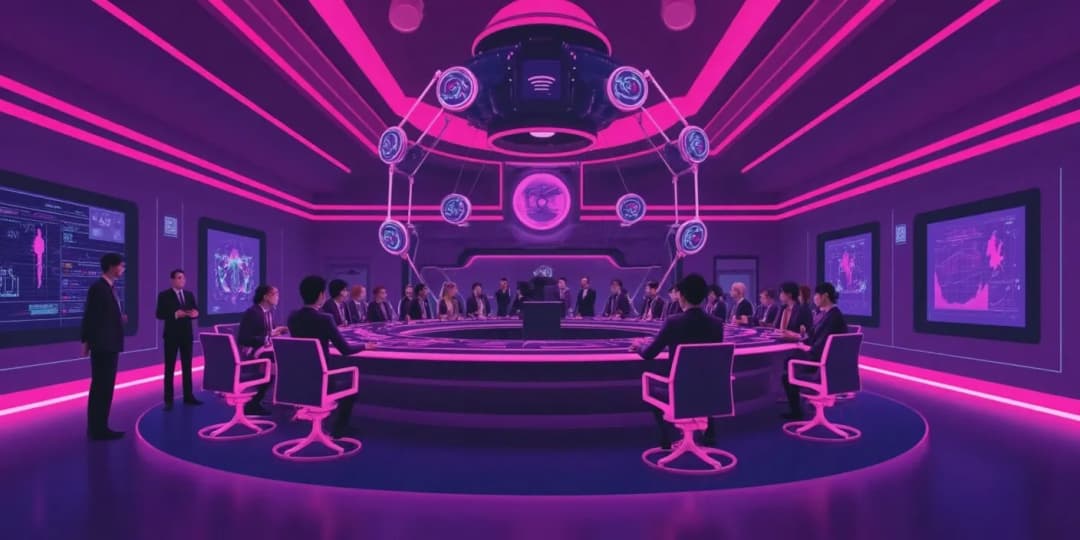 A futuristic boardroom with people seated around a glowing circular table connected to governance nodes, representing the power of governance tokens in DeFi protocols