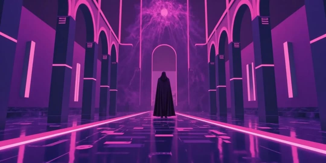 A lone hooded figure in a high-tech cathedral illuminated by a glowing orb above, symbolizing the mysterious and vital role of oracles in decentralized finance networks