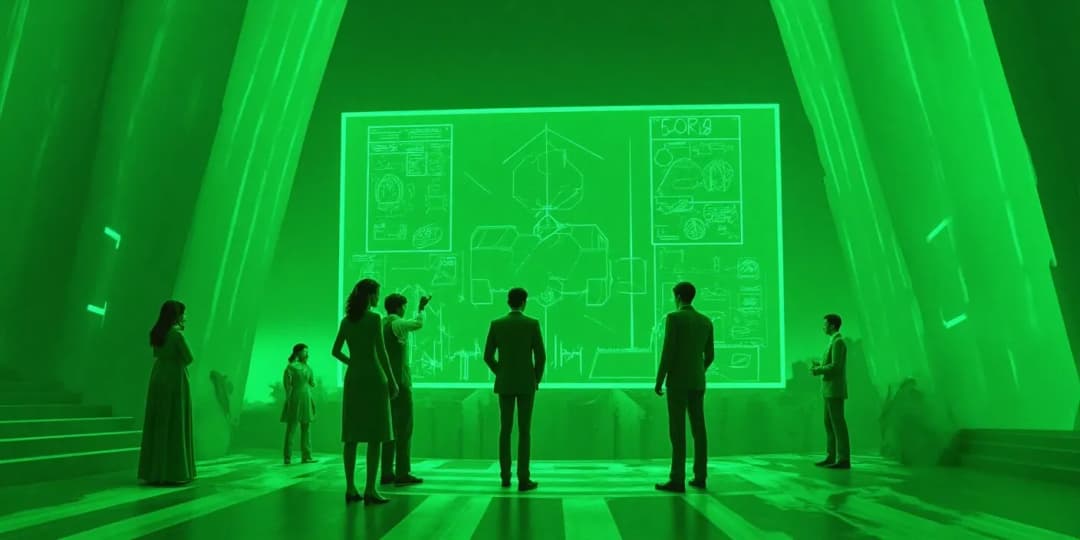 Businesspeople gathered in a futuristic strategy room analyzing a massive glowing chart, symbolizing top crypto investing strategies and tactical financial planning